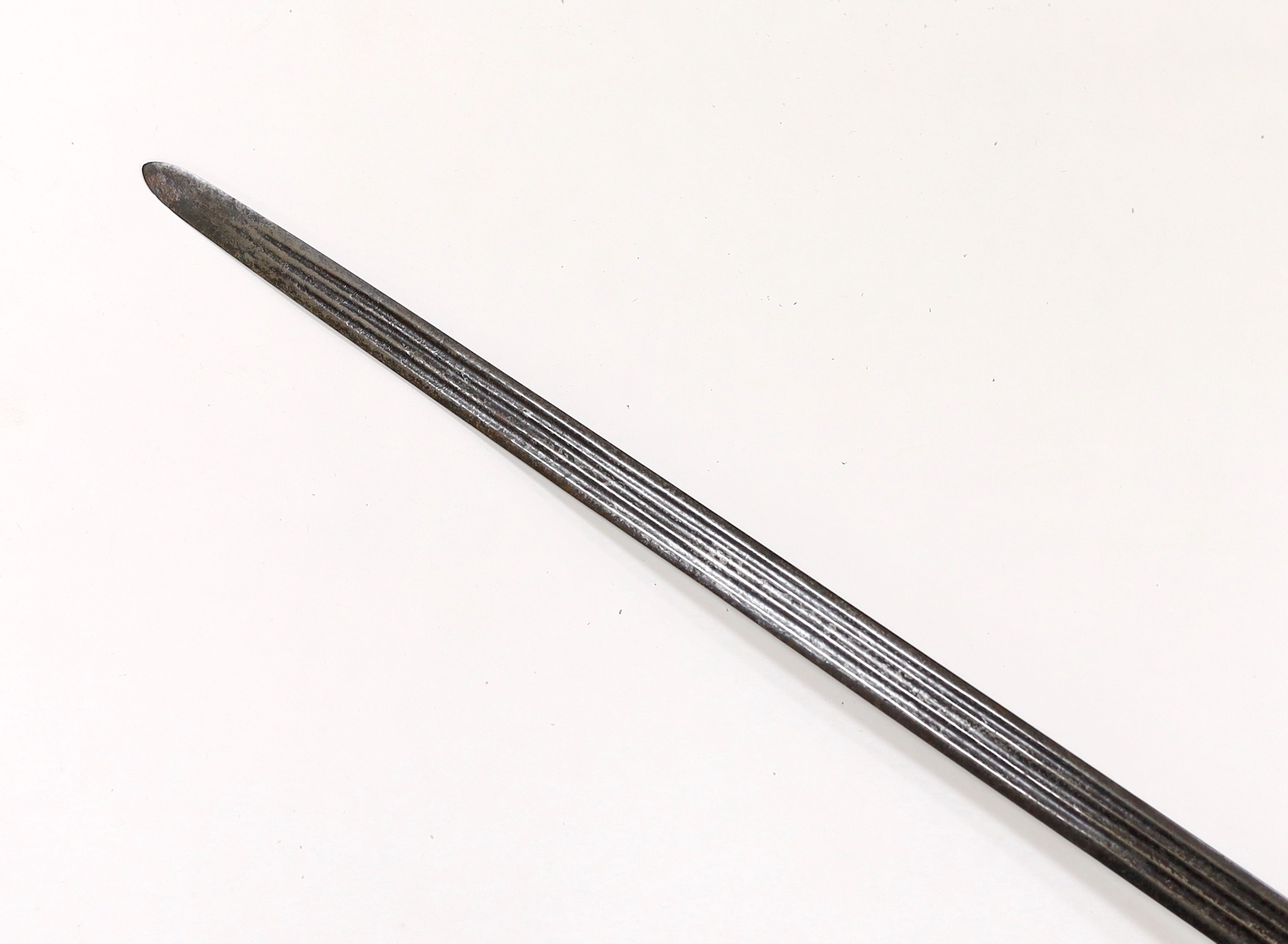 An early 18th century Scottish or English broadsword, with steel basket and pommel and triple fullered Andrea Ferara blade, blade 84cm